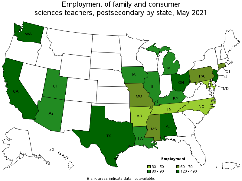 Map of employment of family and consumer sciences teachers, postsecondary by state, May 2021