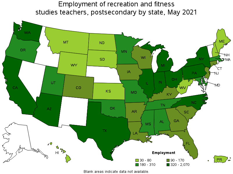 Map of employment of recreation and fitness studies teachers, postsecondary by state, May 2021