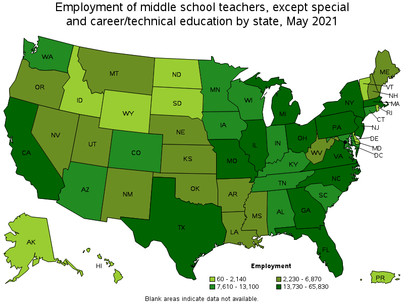 Map of employment of middle school teachers, except special and career/technical education by state, May 2021