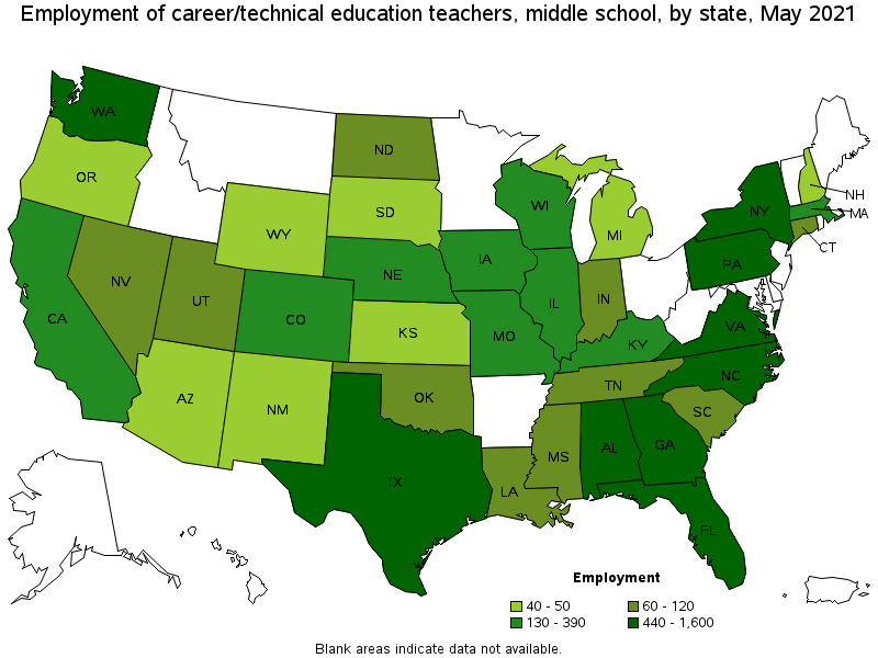 Map of employment of career/technical education teachers, middle school by state, May 2021
