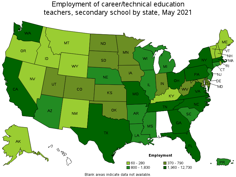 Map of employment of career/technical education teachers, secondary school by state, May 2021