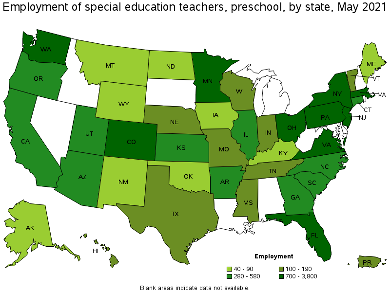 Map of employment of special education teachers, preschool by state, May 2021