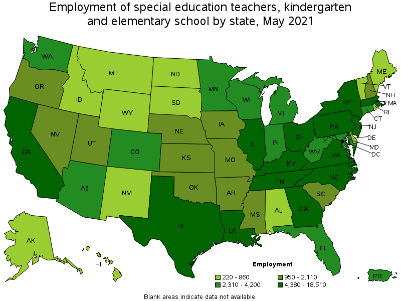 Map of employment of special education teachers, kindergarten and elementary school by state, May 2021