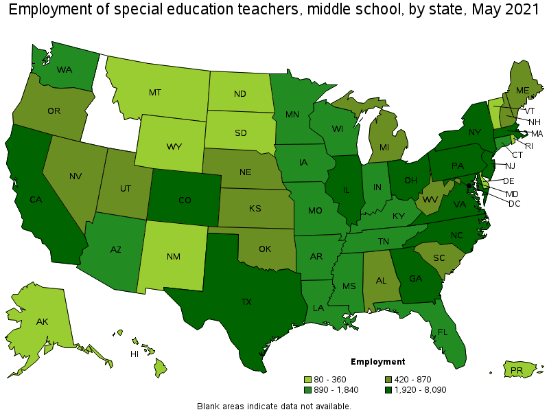 Map of employment of special education teachers, middle school by state, May 2021