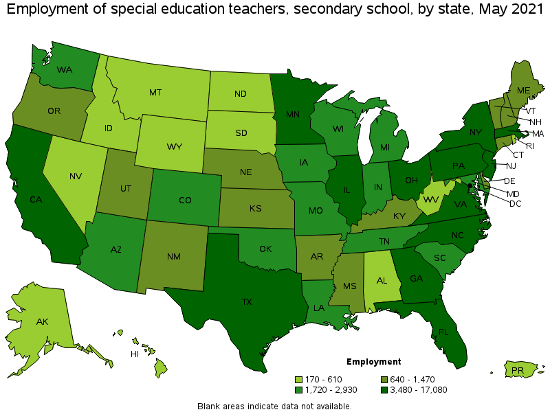 Map of employment of special education teachers, secondary school by state, May 2021