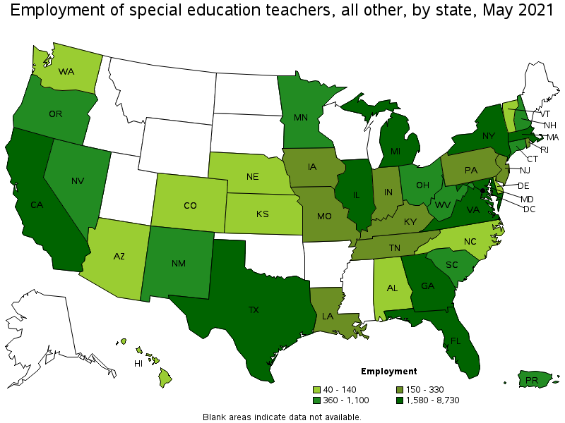 Map of employment of special education teachers, all other by state, May 2021