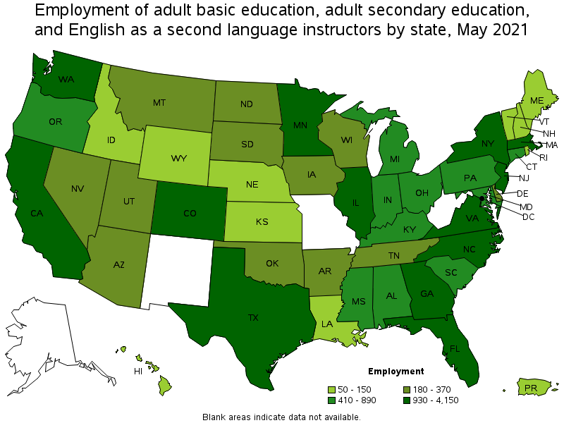 Map of employment of adult basic education, adult secondary education, and english as a second language instructors by state, May 2021