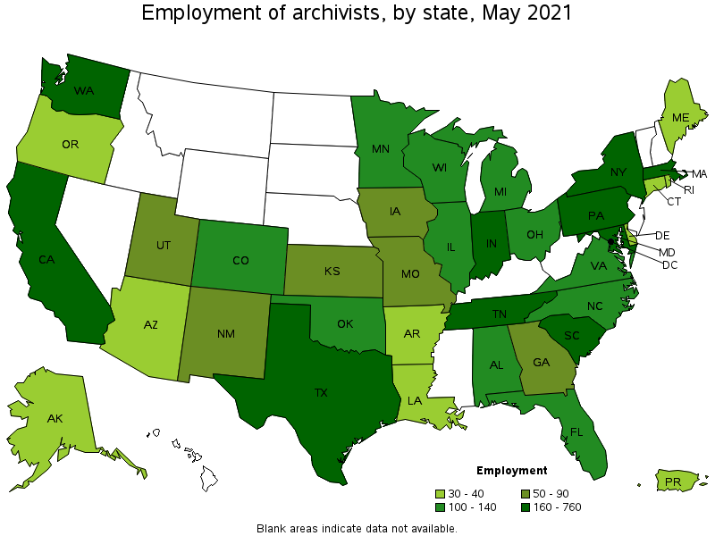 Map of employment of archivists by state, May 2021