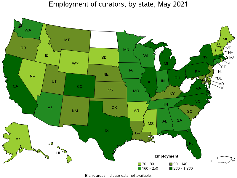 Map of employment of curators by state, May 2021