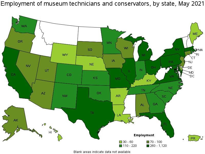 Map of employment of museum technicians and conservators by state, May 2021