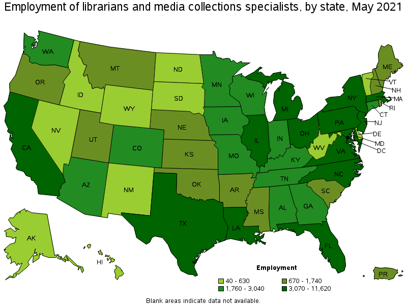 Map of employment of librarians and media collections specialists by state, May 2021