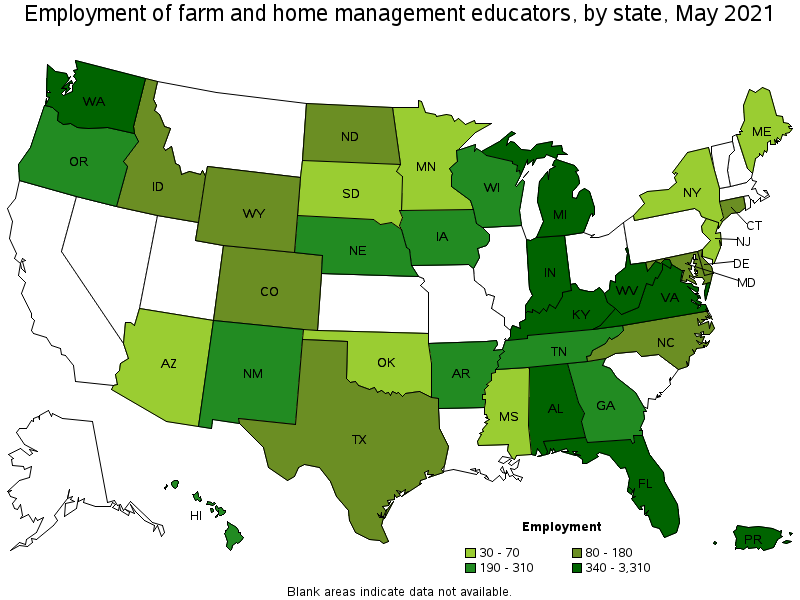 Map of employment of farm and home management educators by state, May 2021