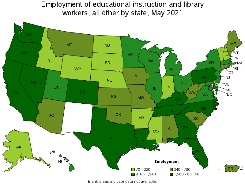 Map of employment of educational instruction and library workers, all other by state, May 2021