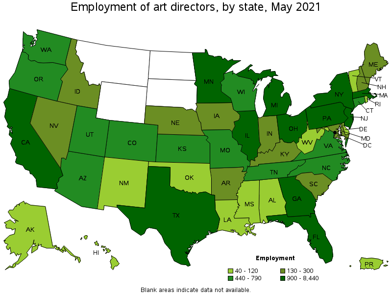 Map of employment of art directors by state, May 2021