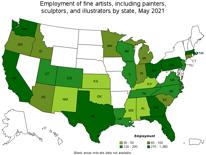 Map of employment of fine artists, including painters, sculptors, and illustrators by state, May 2021