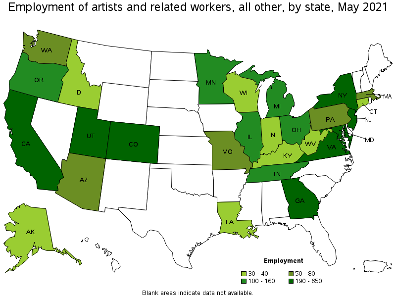 Map of employment of artists and related workers, all other by state, May 2021