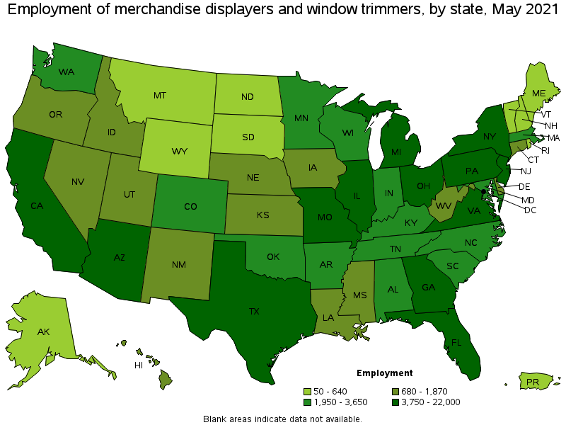 Map of employment of merchandise displayers and window trimmers by state, May 2021