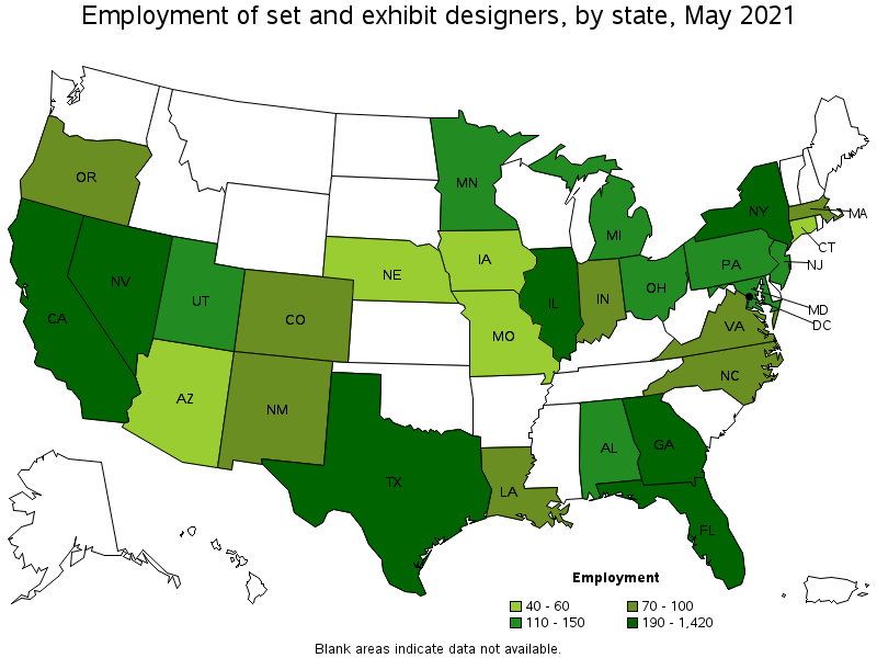 Map of employment of set and exhibit designers by state, May 2021