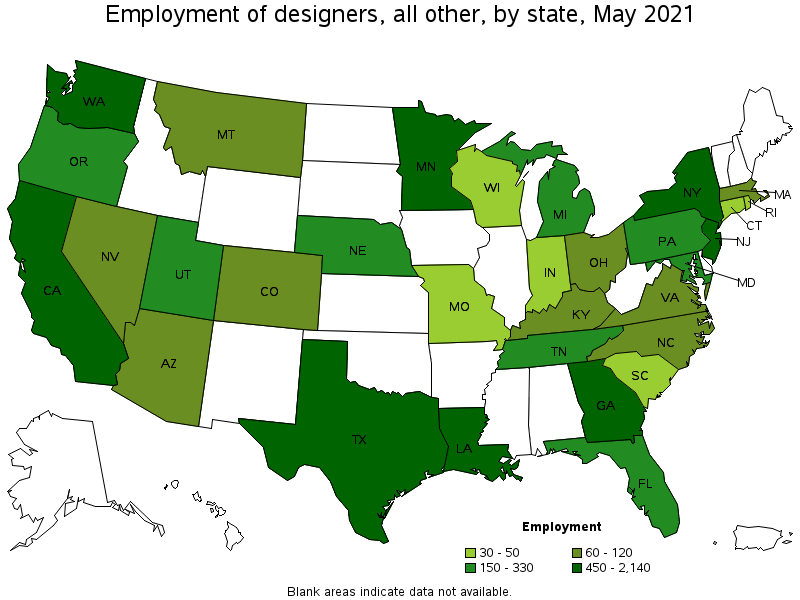 Map of employment of designers, all other by state, May 2021