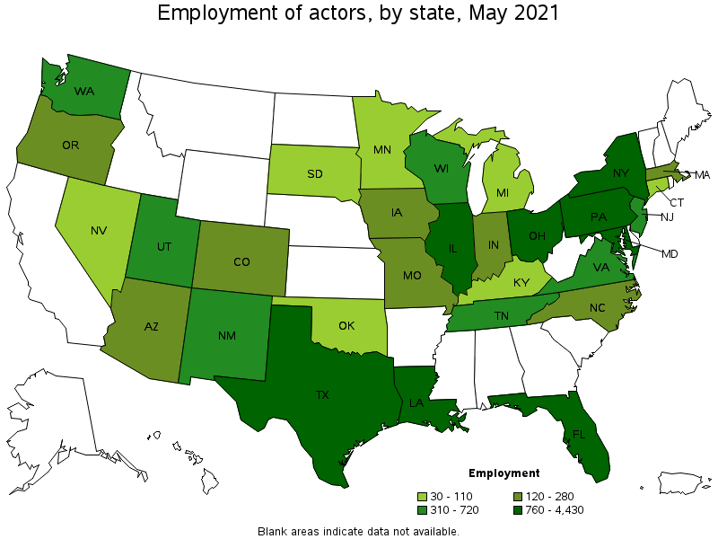 Map of employment of actors by state, May 2021