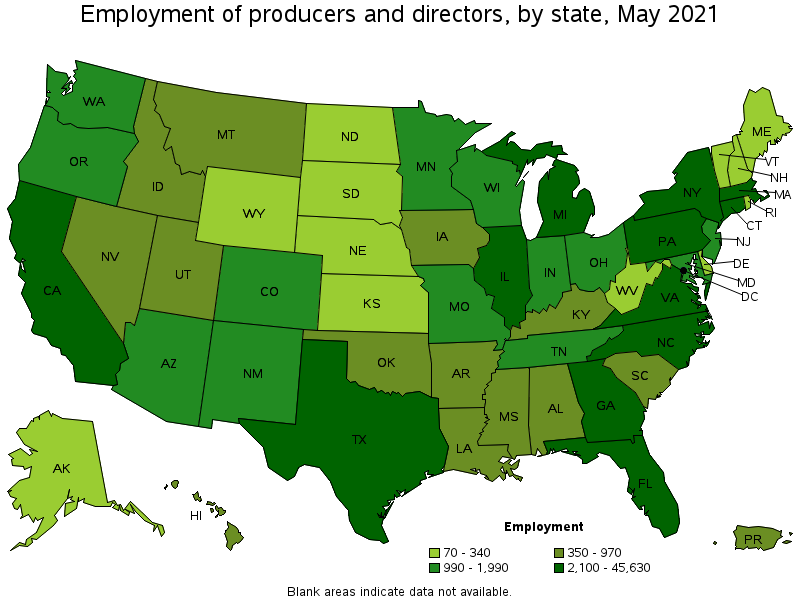 Map of employment of producers and directors by state, May 2021