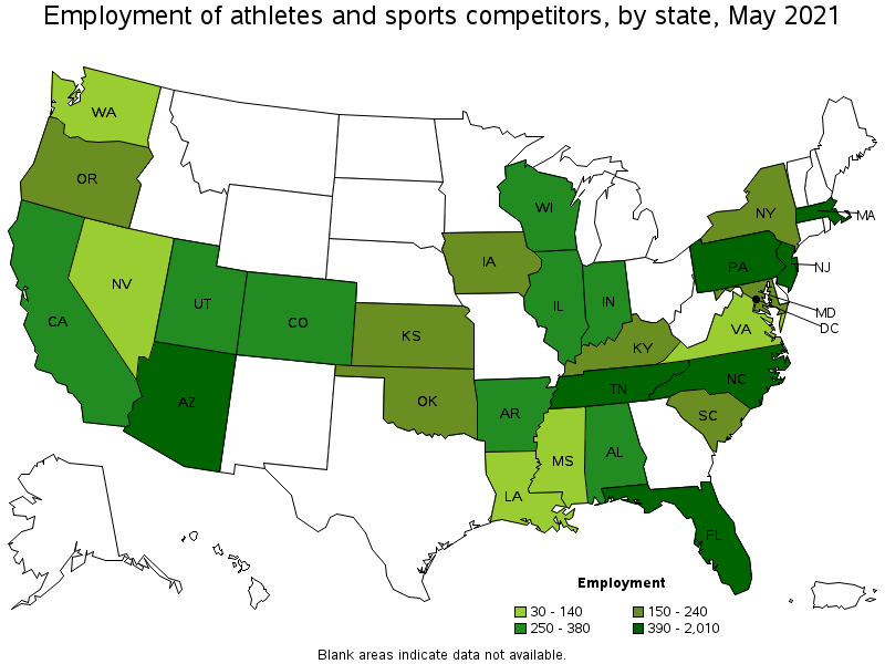 Map of employment of athletes and sports competitors by state, May 2021