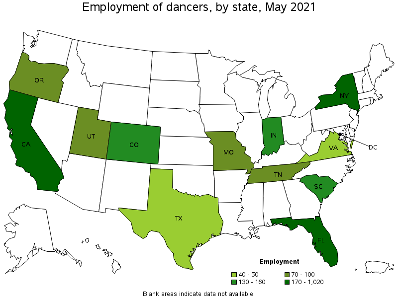 Map of employment of dancers by state, May 2021