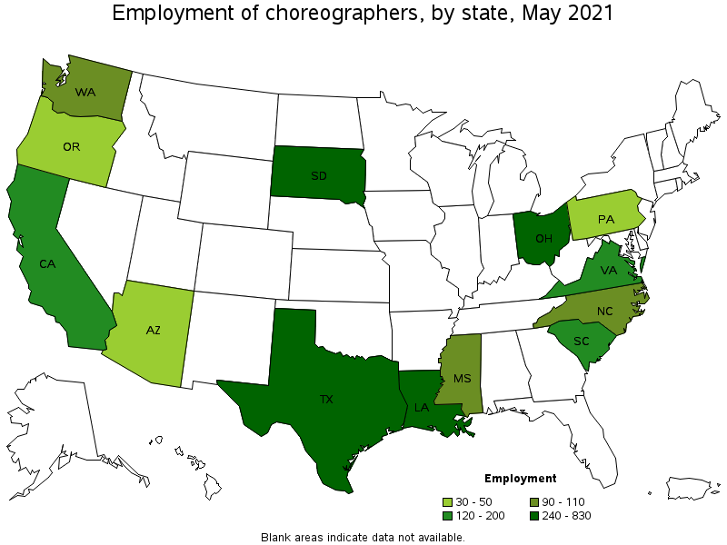 Map of employment of choreographers by state, May 2021