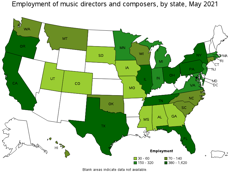 Map of employment of music directors and composers by state, May 2021