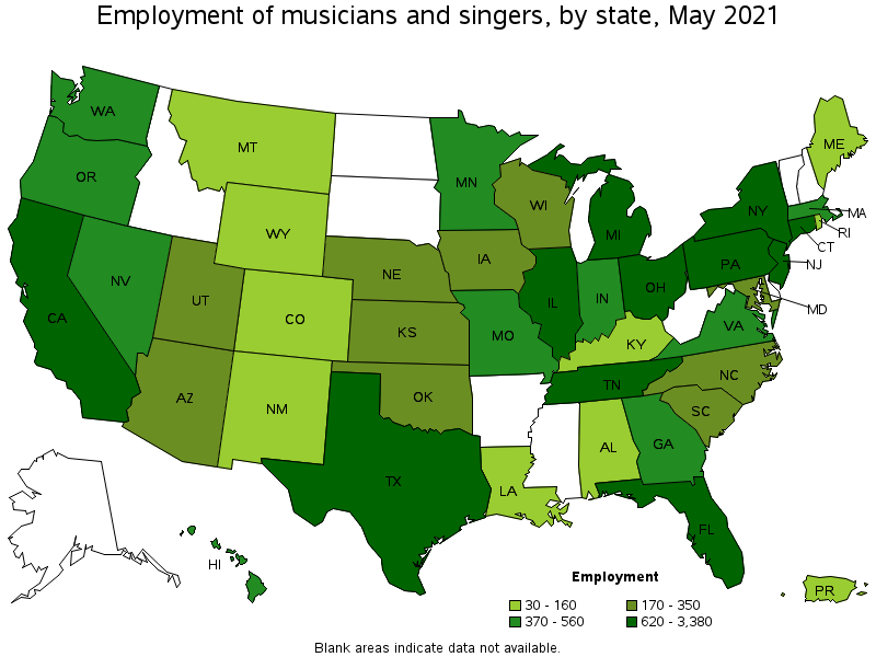 Map of employment of musicians and singers by state, May 2021