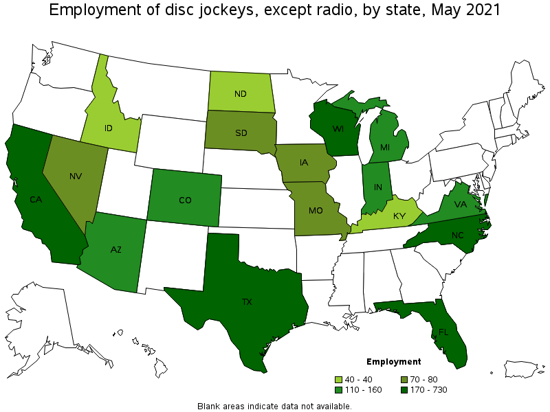 Map of employment of disc jockeys, except radio by state, May 2021
