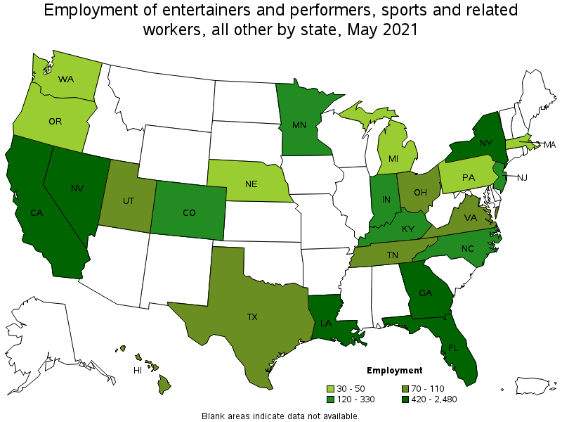 Map of employment of entertainers and performers, sports and related workers, all other by state, May 2021
