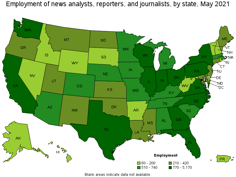Map of employment of news analysts, reporters, and journalists by state, May 2021