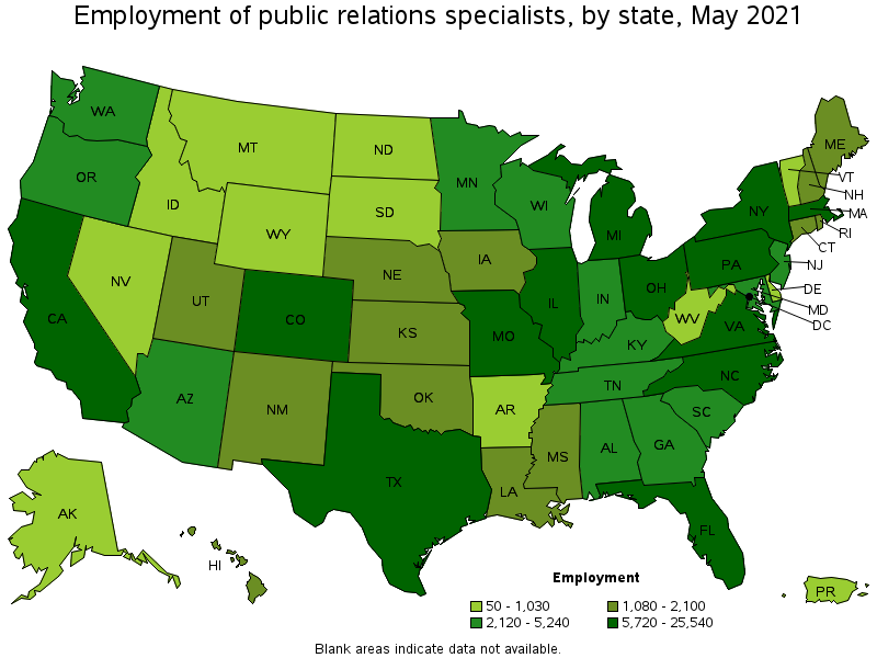 Map of employment of public relations specialists by state, May 2021