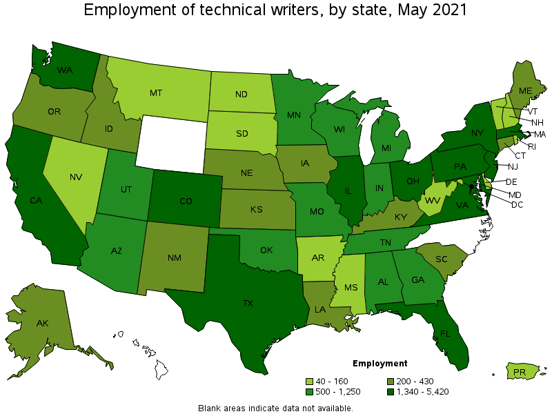 Map of employment of technical writers by state, May 2021