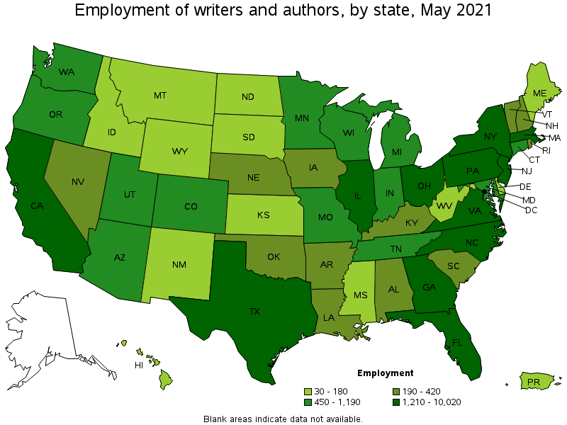 Map of employment of writers and authors by state, May 2021