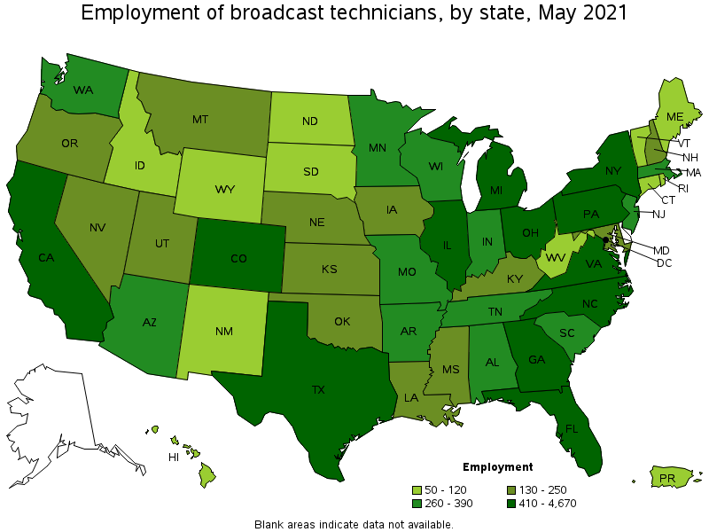 Map of employment of broadcast technicians by state, May 2021