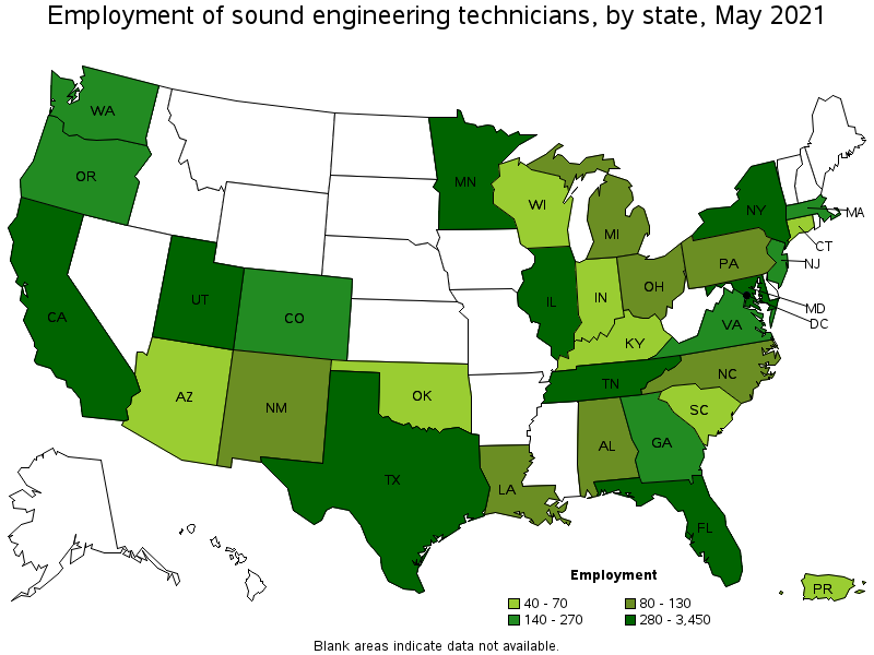 Map of employment of sound engineering technicians by state, May 2021