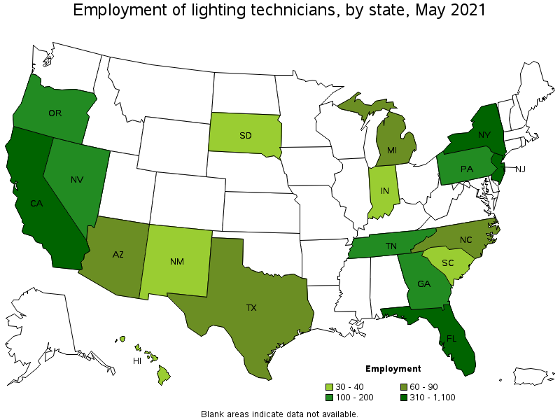 Map of employment of lighting technicians by state, May 2021