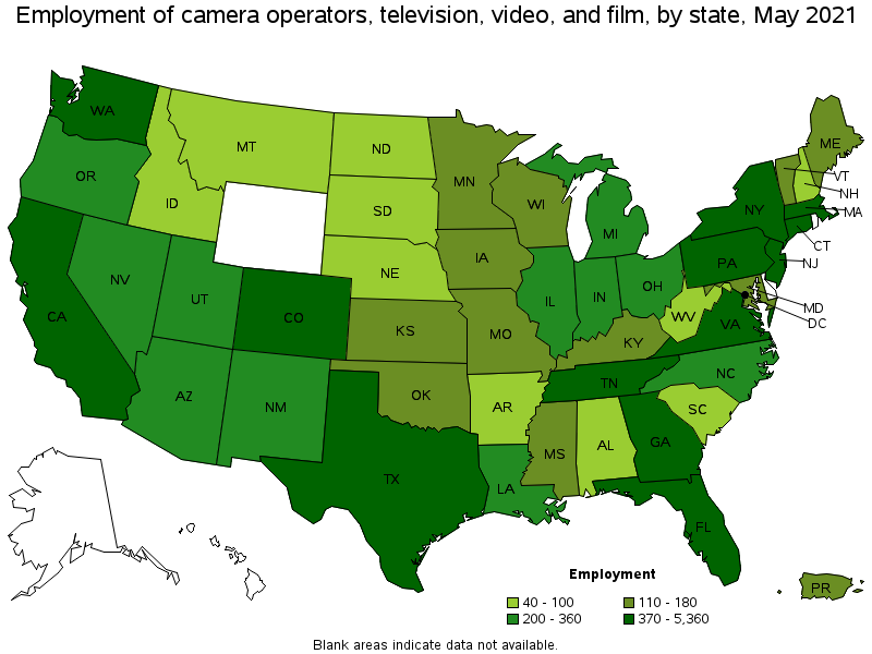 Map of employment of camera operators, television, video, and film by state, May 2021