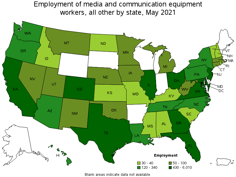 Map of employment of media and communication equipment workers, all other by state, May 2021