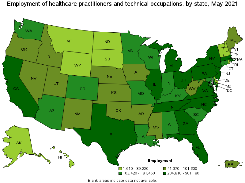 Map of employment of healthcare practitioners and technical occupations by state, May 2021