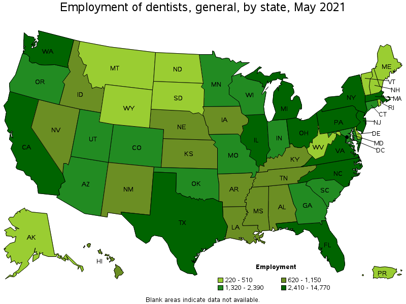 Map of employment of dentists, general by state, May 2021