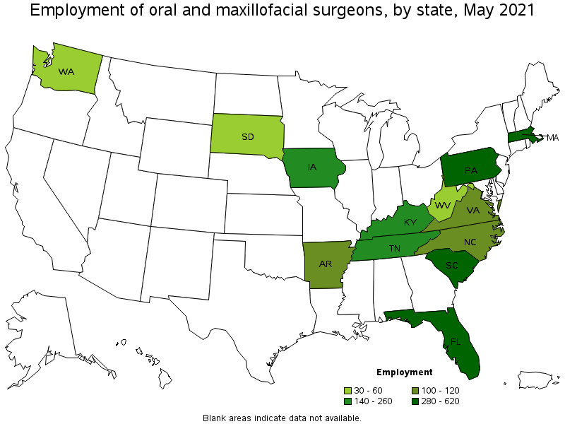 Map of employment of oral and maxillofacial surgeons by state, May 2021