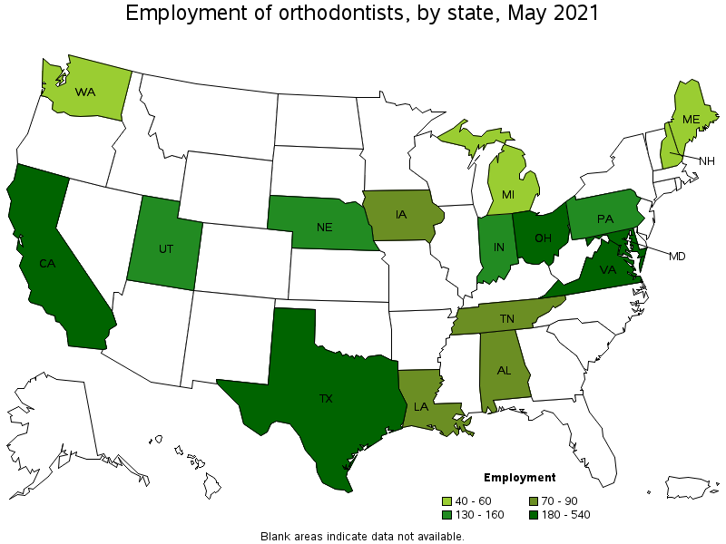 Map of employment of orthodontists by state, May 2021