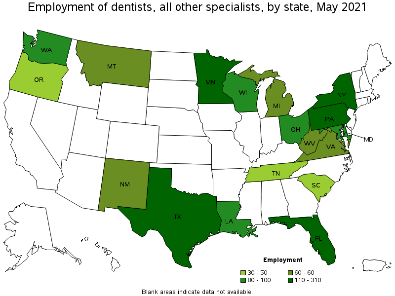 Map of employment of dentists, all other specialists by state, May 2021