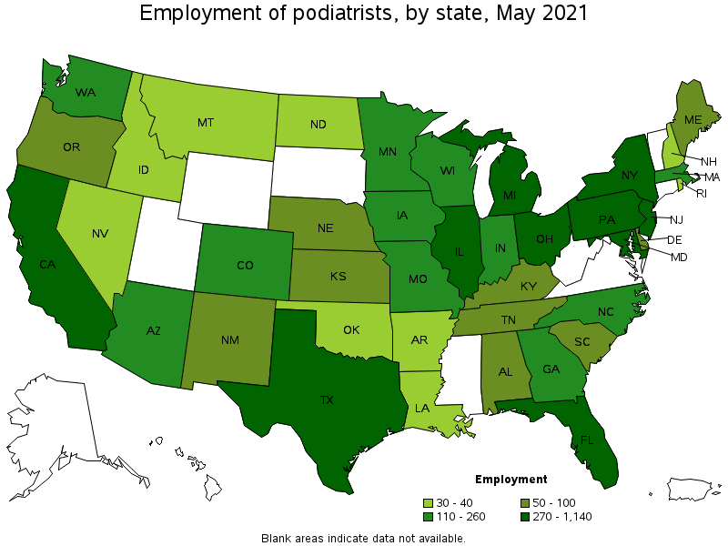 Map of employment of podiatrists by state, May 2021