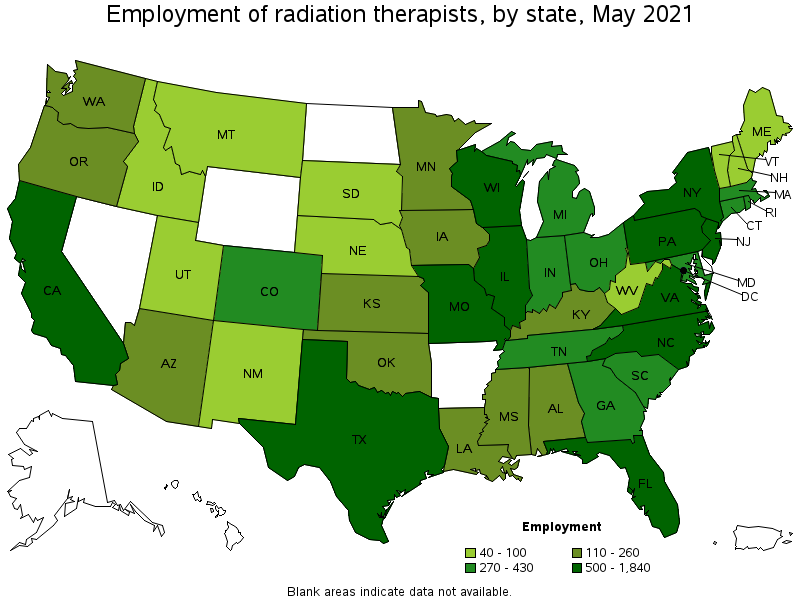 Map of employment of radiation therapists by state, May 2021