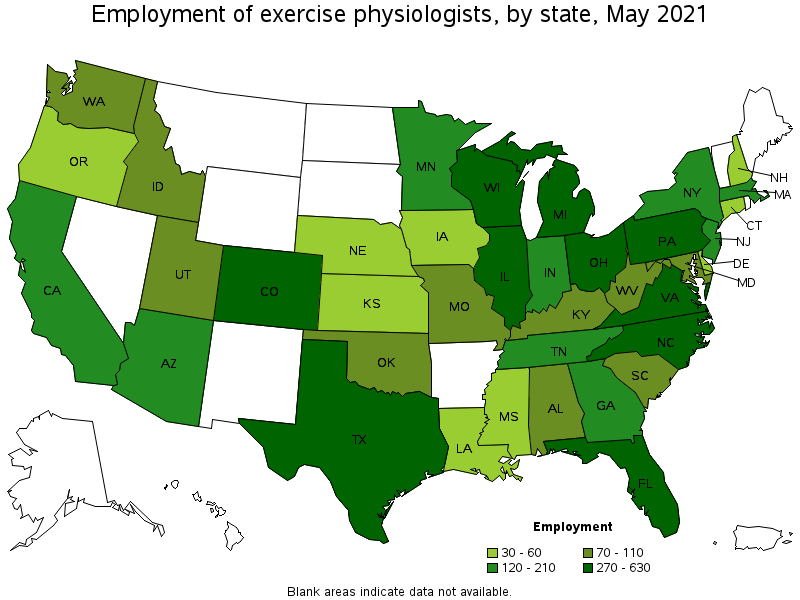 Map of employment of exercise physiologists by state, May 2021