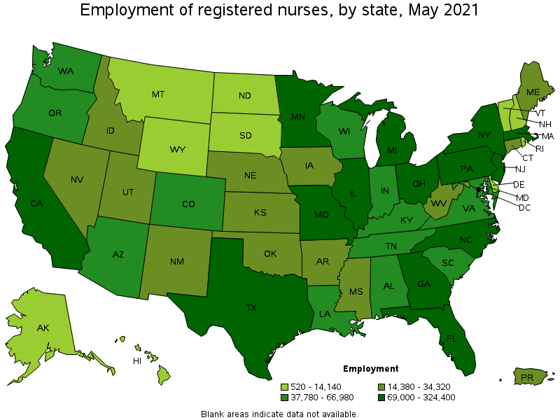 Map of employment of registered nurses by state, May 2021